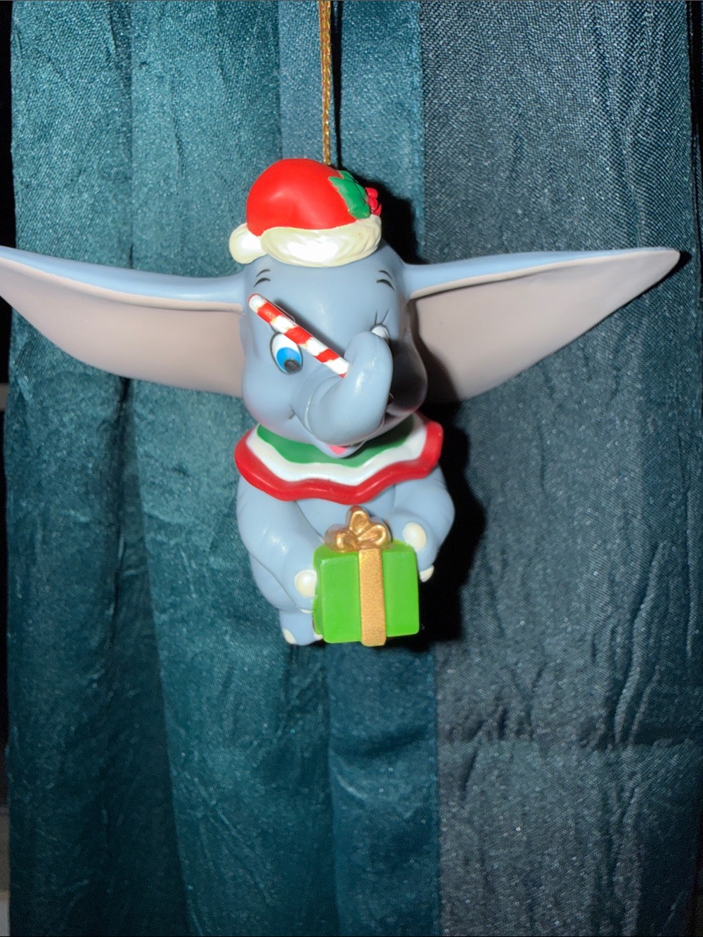 Blue Elephant Holiday Hanging Ornament with Red Hat and Green Gift